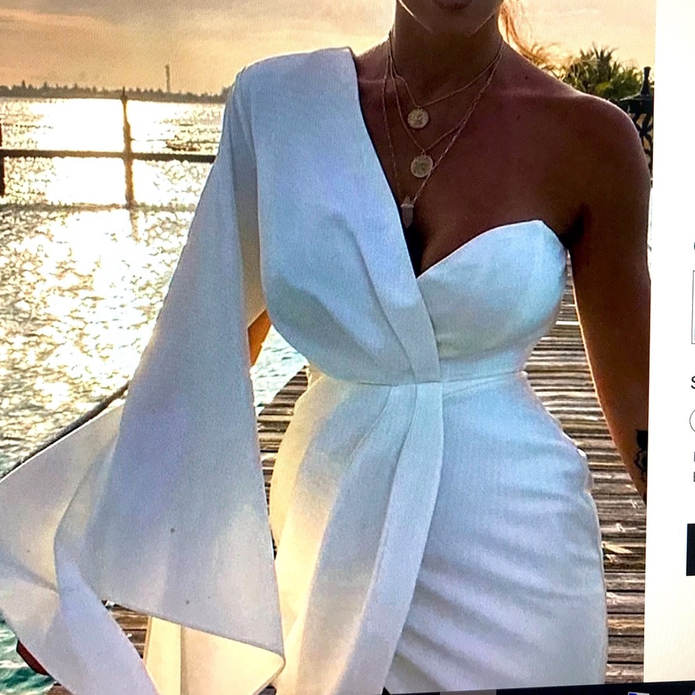 One shoulder ruched irregular sleeve party dress, white, XL (runs small)